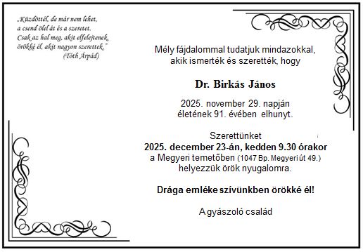 Gyászjelentés dr. Birkás János
